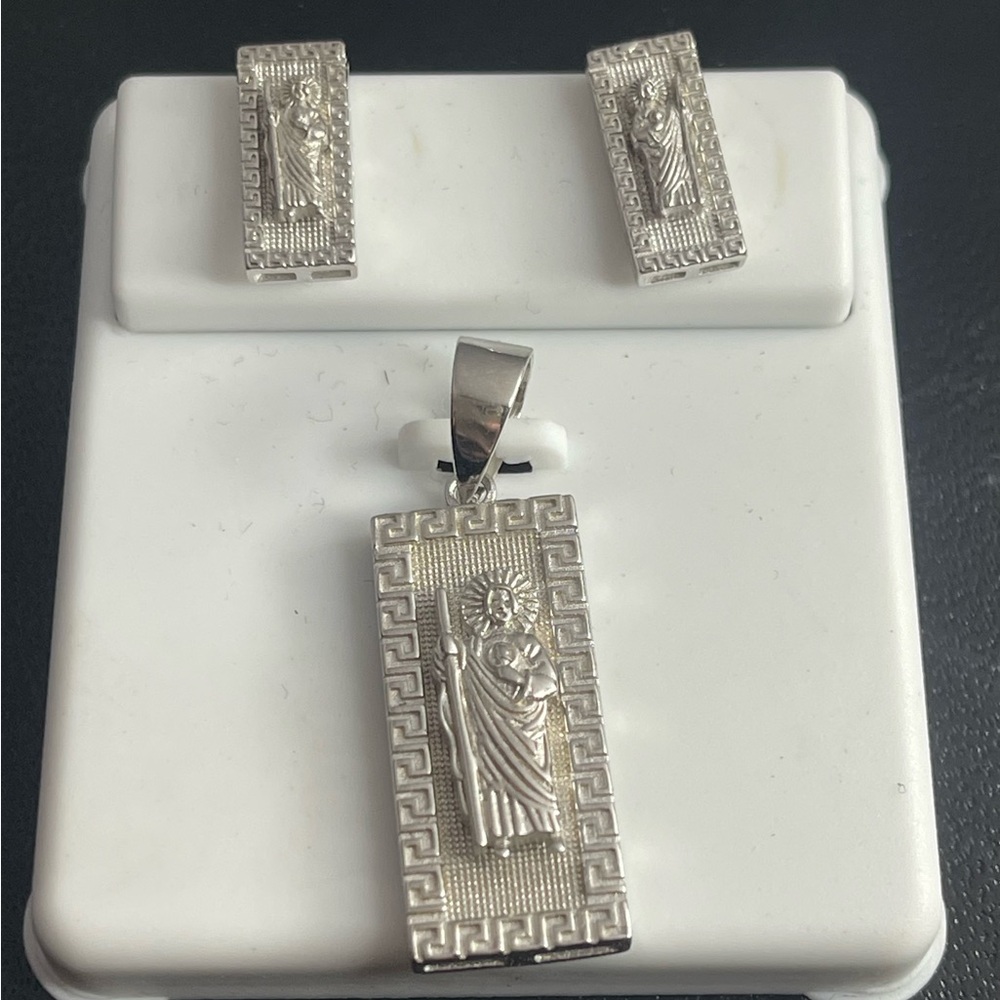 Aztec style San Judas pendant and earrings silver 925